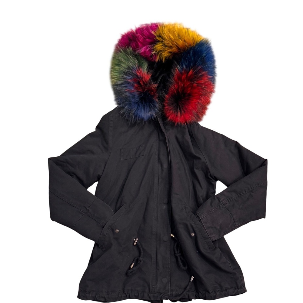 OSLEY Adjustable Black Cotton‎ Blend Jacket w/ Rainbow Faux Fur Hood Size 38